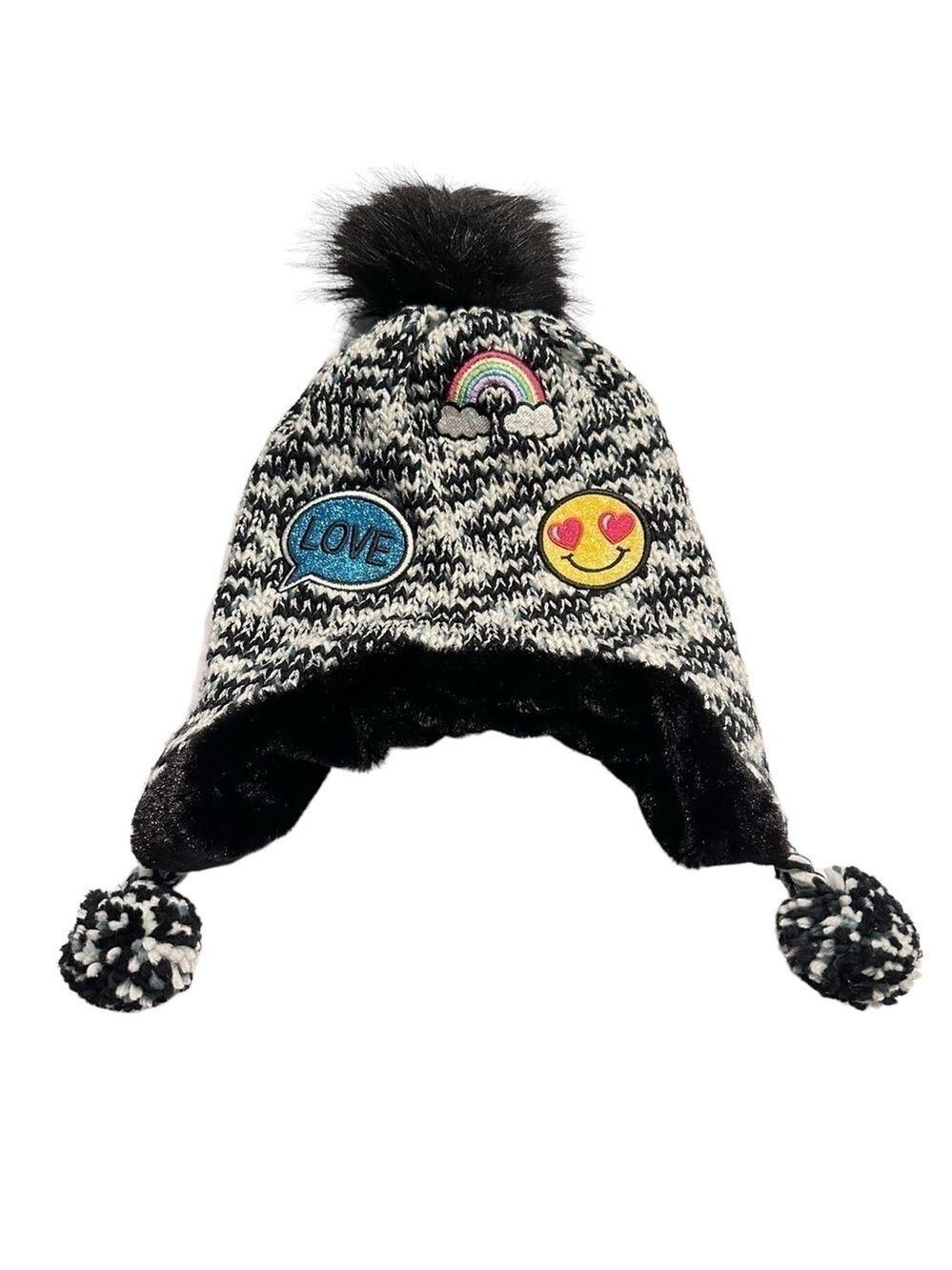 Chunky Knit Emoji Tassled Beanie Black & White Girls‎ OS Hat